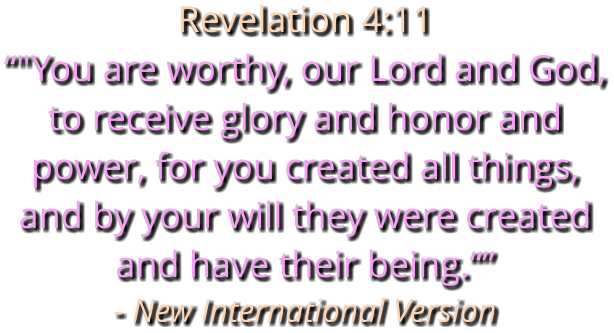 Revelation 4:11 “"You are worthy, our Lord and God, to receive glory and honor and power, for you created all things, and by your will they were created and have their being.“” - New International Version
