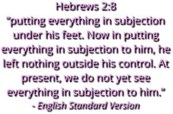 Hebrews 2:8 “putting everything in subjection under his feet. Now in putting everything in subjection to him, he left nothing outside his control. At present, we do not yet see everything in subjection to him.” - English Standard Version