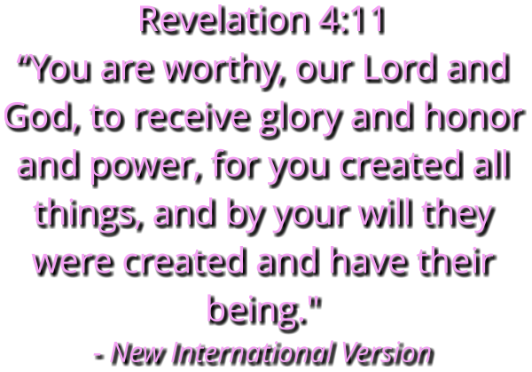 Revelation 4:11 “You are worthy, our Lord and God, to receive glory and honor and power, for you created all things, and by your will they were created and have their being." - New International Version
